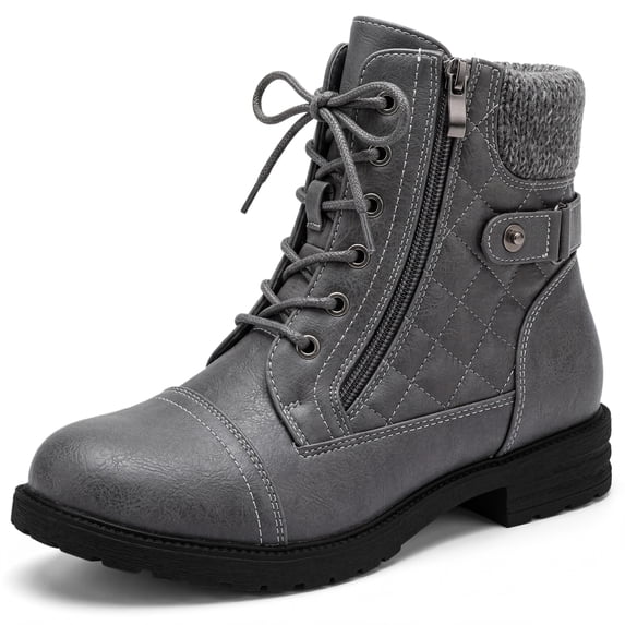 BLISSFUL STEP Women's Back to School Lace-up Ankle Boots Side Zipper Buckle Block Heel Combat Boots Grey 10