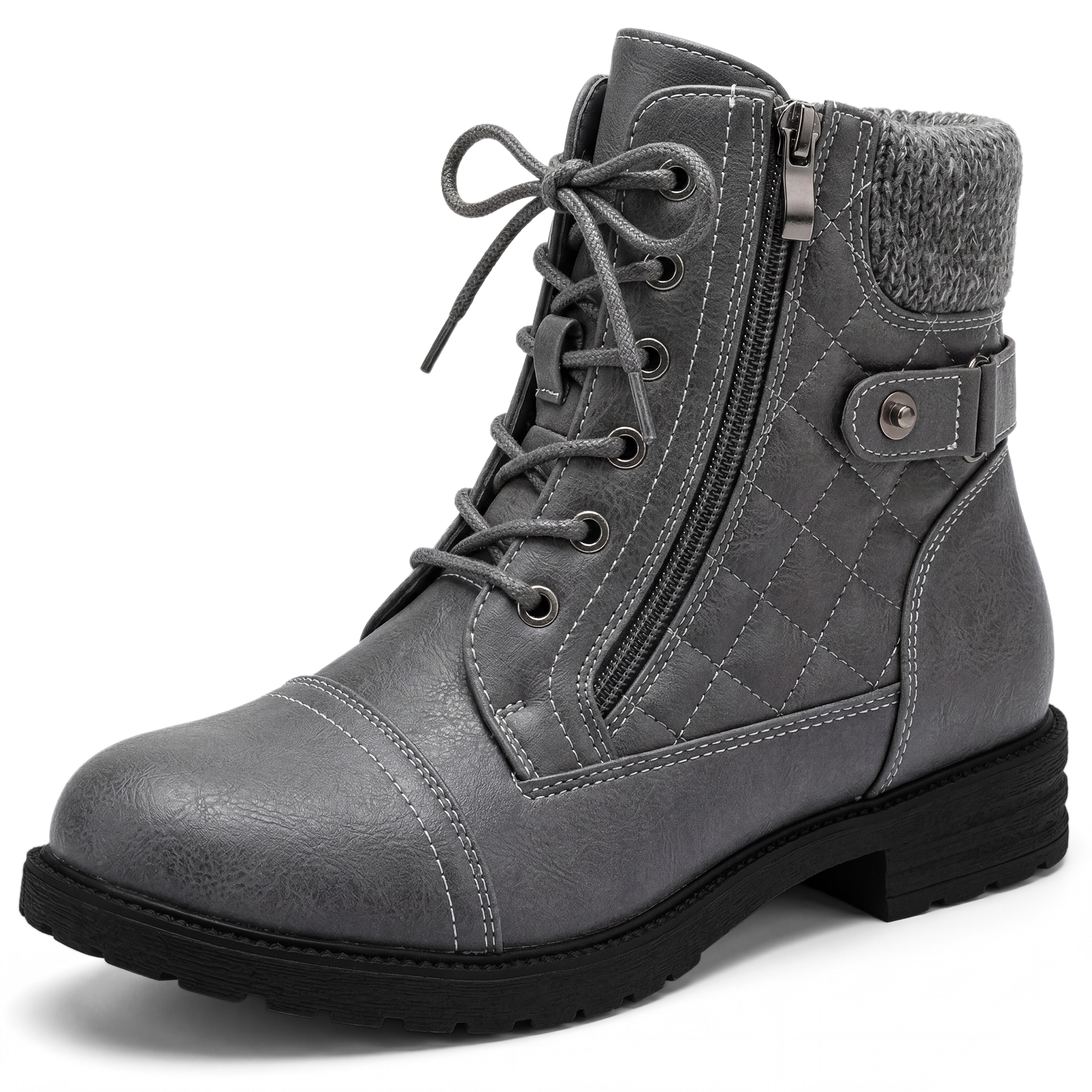 BLISSFUL STEP Women's Back to School Lace-up Ankle Boots Side Zipper Buckle Block Heel Combat Boots Grey 10