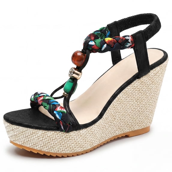 BLISSFUL STEP Women's Beaded T-strap Platform Elastic Peep-toe Sandals Black 6