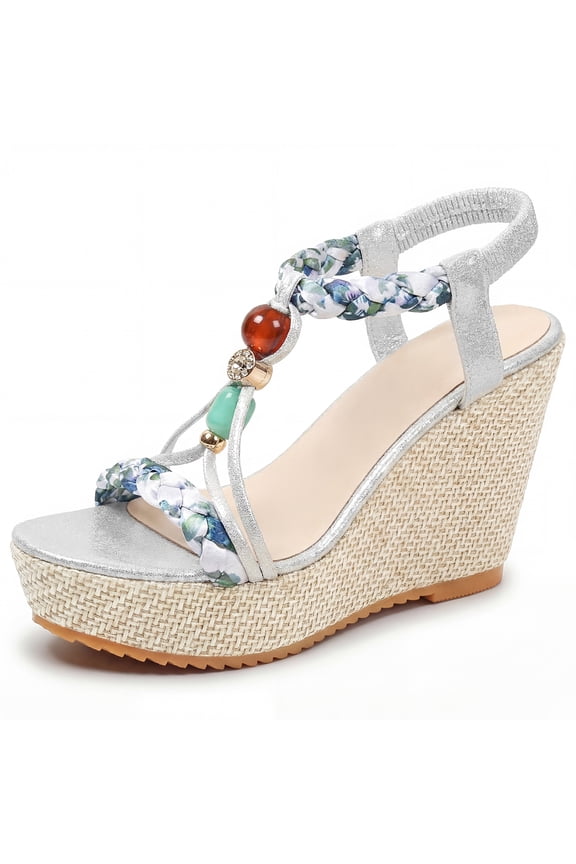 Women's Beaded T-strap Platform Elastic Peep-toe Sandals Silver 7