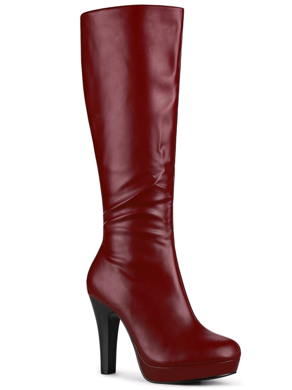 Women's Knee High Boots Platform Block Heels Round Toe Zip Boots Burgundy 10