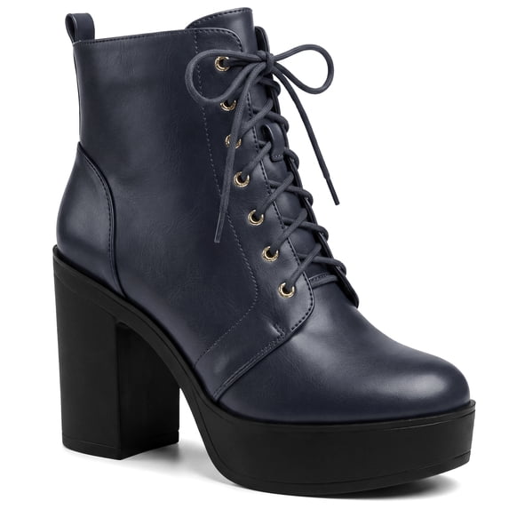 BLISSFUL STEP Women's Boot Side Zip Platform Chunky Heel Combat Boots Navy Blue 8.5