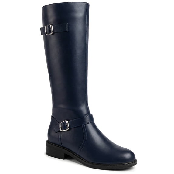 BLISSFUL STEP Women's Boots Faux Leather Knee High Riding Buckle Side Zipper Chunky Low Heel Boots Navy Blue 8