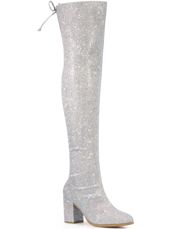 Women's Boots Glitter Over The Knee High Boots Chunky Heel Round Toe Lace Up Sparkly Boots Silver 7.5