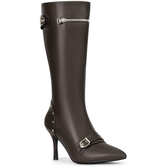 BLISSFUL STEP Women's Boots Knee High Stiletto Heel Pointed Toe Buckle Zipper Rivets Boots Coffee 8