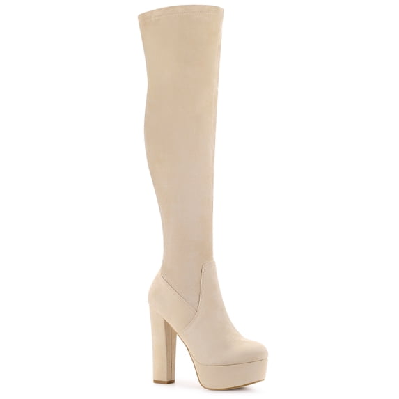 BLISSFUL STEP Women's Boots Platform Block Heel Over the Knee Thigh High Boots Beige 10
