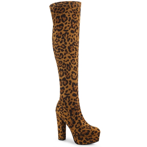 BLISSFUL STEP Women's Boots Platform Block Heel Over the Knee Thigh High Boots Brown Leopard 7.5