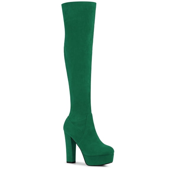 BLISSFUL STEP Women's Boots Platform Block Heel Over the Knee Thigh High Boots Green 8.5
