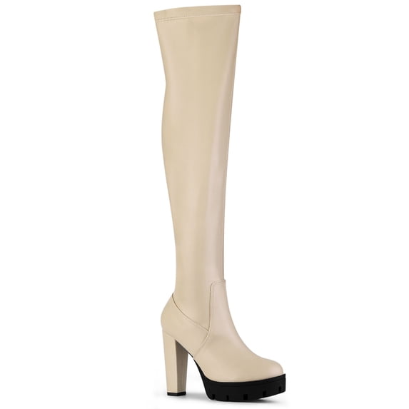 BLISSFUL STEP Women's Boots Platform Block High Heels Over Knee Side Zips Boots Beige 8