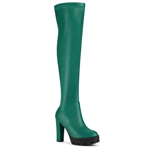 BLISSFUL STEP Women's Boots Platform Block High Heels Over Knee Side Zips Boots Emerald Green 6.5