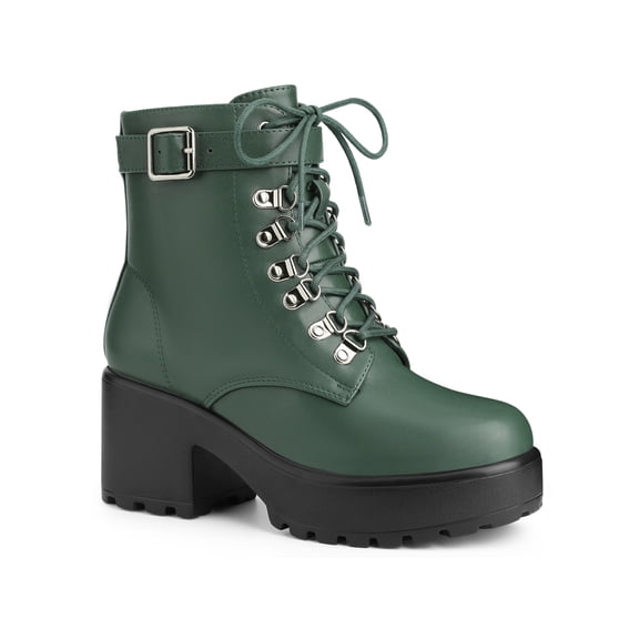 BLISSFUL STEP Women's Boots Zip Block Heel Platform Ankle Combat Boots Dark Green 8.5