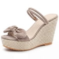 thumbnail image 1 of BLISSFUL STEP Women's Bow Double-strap Plaid Platform Slip Sandals Beige 6.5, 1 of 5