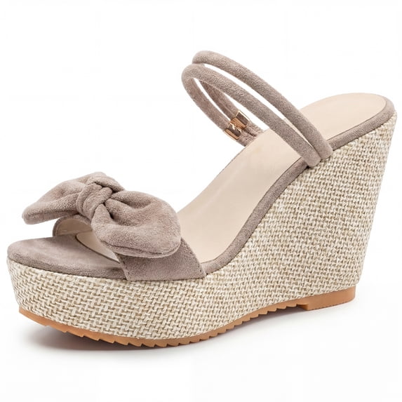 BLISSFUL STEP Women's Bow Double-strap Plaid Platform Slip Sandals Beige 6.5