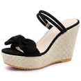 thumbnail image 1 of BLISSFUL STEP Women's Bow Double-strap Plaid Platform Slip Sandals Black 6, 1 of 5