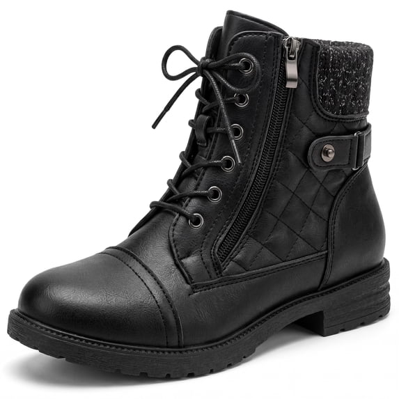 BLISSFUL STEP Women's Back to School Lace-up Ankle Boots Side Zipper Buckle Block Heel Combat Boots Black 10