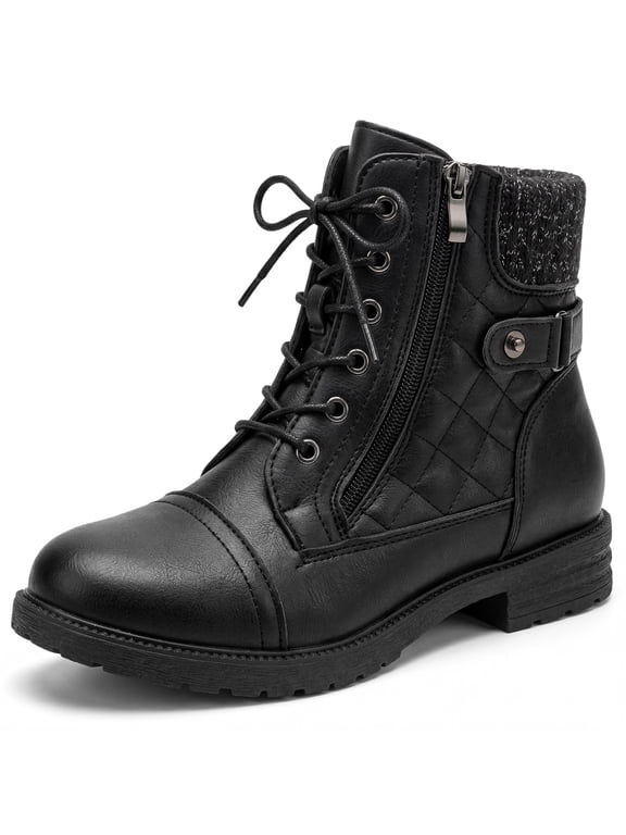 Women's Back to School Lace-up Ankle Boots Side Zipper Buckle Block Heel Combat Boots Black 9.5