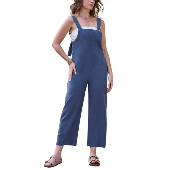 INSPIRE CHIC Women's Casual Jumpsuit Cotton Linen Adjustable Tie Straps Back Zipper Sleeveless Overalls Small Navy Blue