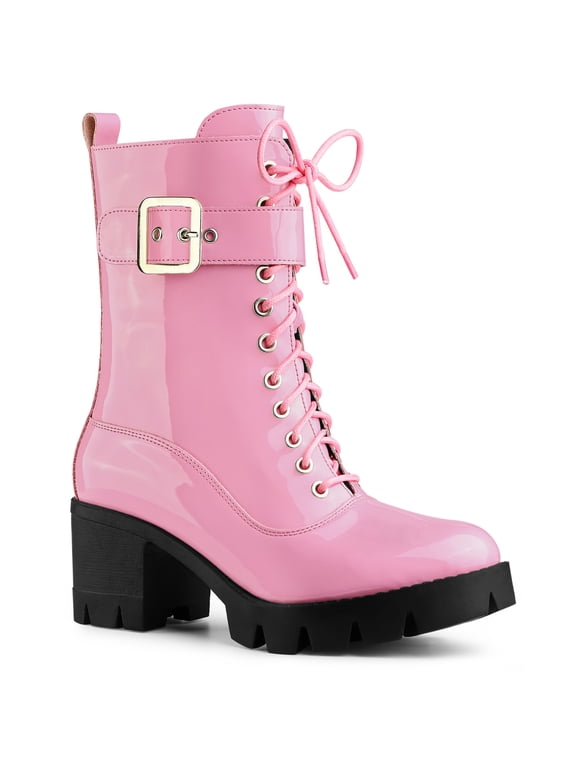 Women's Chunky Heel Zip Platform Block Combat Boots Pink 8.5