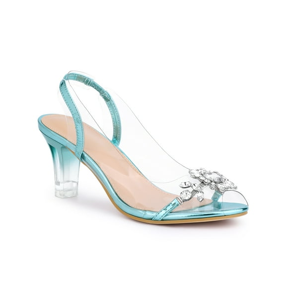 BLISSFUL STEP Women's Flower Rhinestone Slingback Clear Mid Heel Slip On Sandals Lake Blue 8