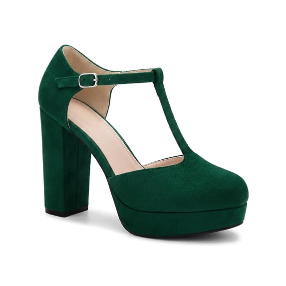 BLISSFUL STEP Women's Closed Toe Block Heels T-Strap Platform Pumps Emerald Green 11