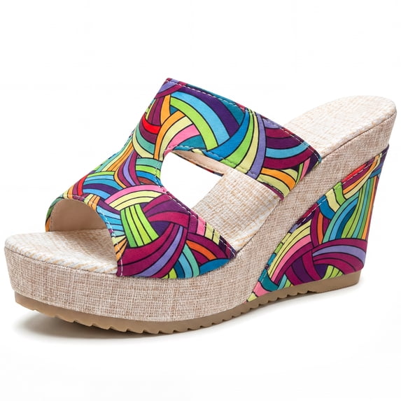 BLISSFUL STEP Women's Colorful Printed Hollow-out Platform Peep-Toe Slip Sandals Purple 8.5