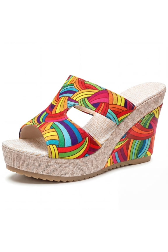 Women's Colorful Printed Hollow-out Platform Peep-Toe Slip Sandals Rainbow 5