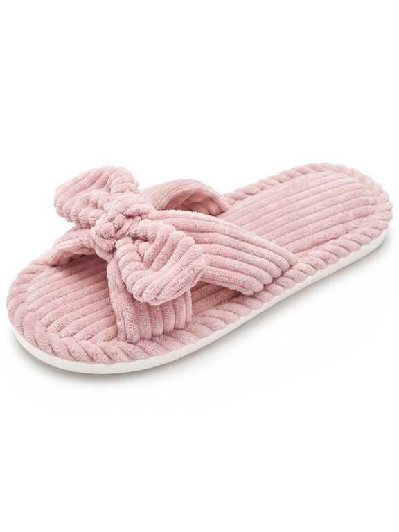 Women's Cozy Soft Bow Open Toe Corduroy Crossbands Slippers Pink 7.5