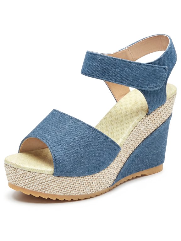 Women's Denim Platform Hook Loop Peep-toe Sandals Blue 6