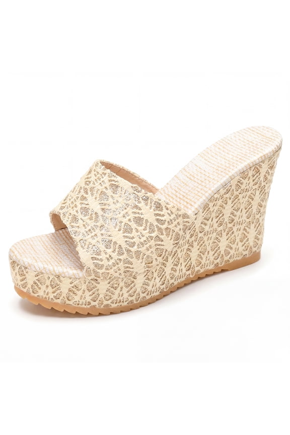 Women's Embroidered Wedge Platform Peep-toe Slip Sandals Beige 6