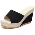 thumbnail image 1 of BLISSFUL STEP Women's Embroidered Wedge Platform Peep-toe Slip Sandals Beige Black 9, 1 of 5