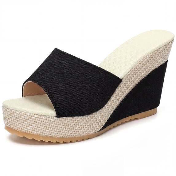 BLISSFUL STEP Women's Embroidered Wedge Platform Peep-toe Slip Sandals Beige Black 9