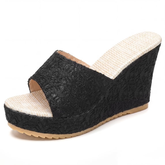 BLISSFUL STEP Women's Embroidered Wedge Platform Peep-toe Slip Sandals Black 6