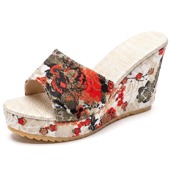 BLISSFUL STEP Women's Embroidered Wedge Platform Peep-toe Slip Sandals Red 6.5