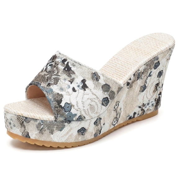 BLISSFUL STEP Women's Embroidered Wedge Platform Peep-toe Slip Sandals White 7