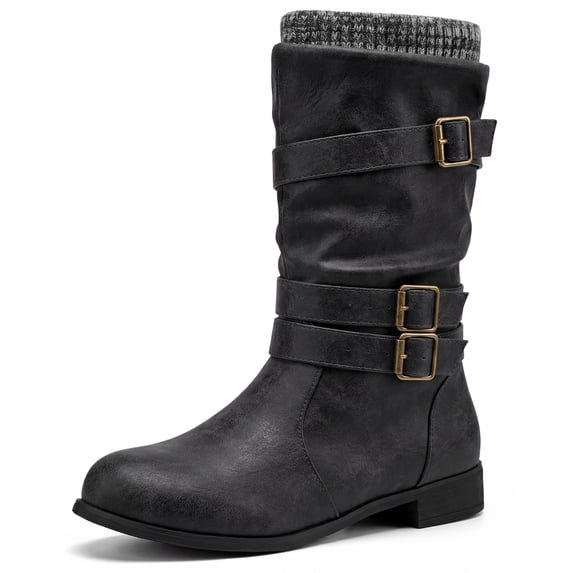 BLISSFUL STEP Women's Fashion Ankle Low Heel Shoes Daily Wear Winter Short Boots Black 11
