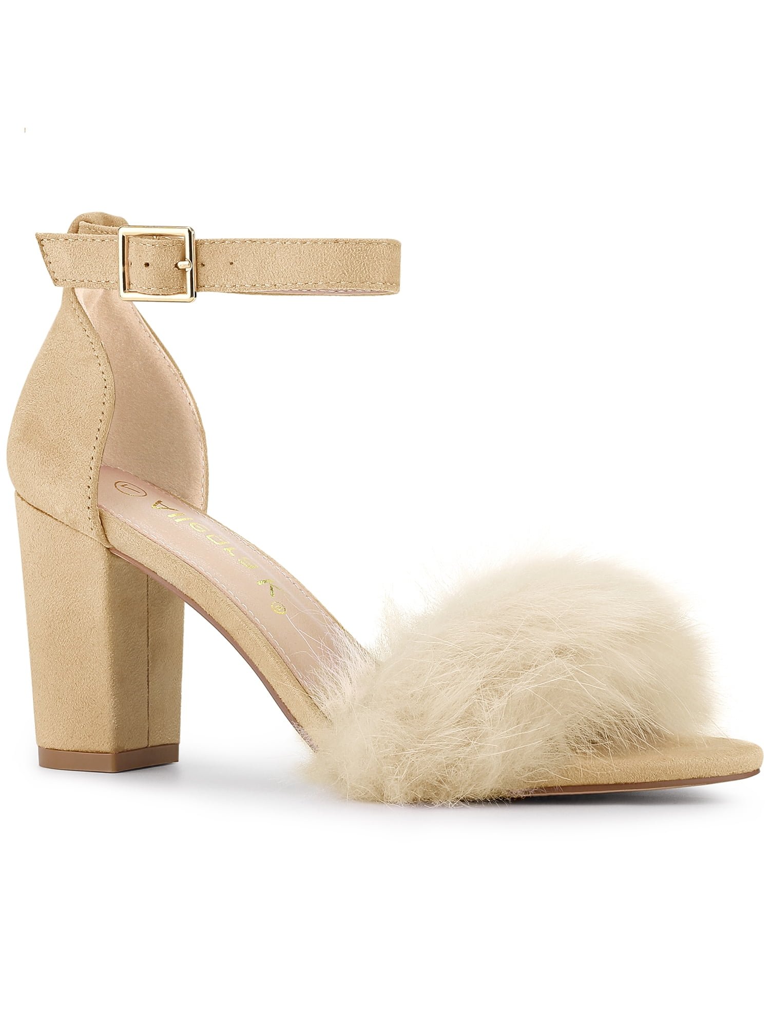 Step Sandals BLISSFUL STEP Women's Faux Fur Ankle Strap Block Heel Open Toe Sandals ...