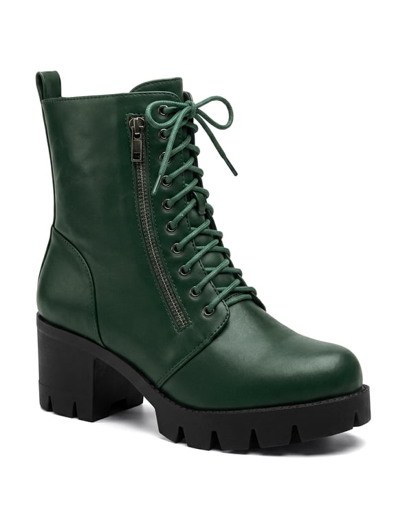 Women's Lace Up Platform Chunky Heel Ankle Combat Boots Dark Green 8.5