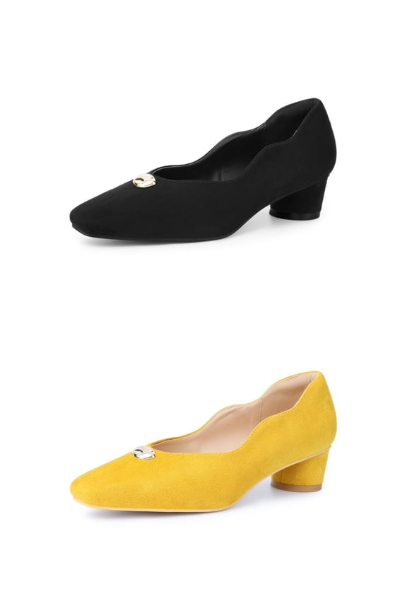 Women's Mental Buckle Slip on Block Heels Pumps Black (Size 7) Black,Yellow 7