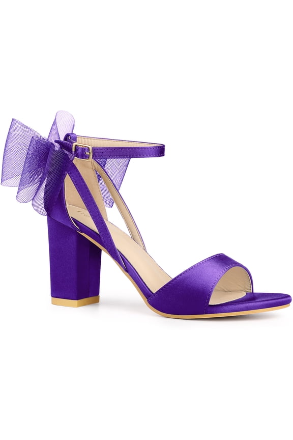 Women's Mesh Bow Heels Ankle Strap Open Toe Block Heel Sandals Dark Purple 9.5