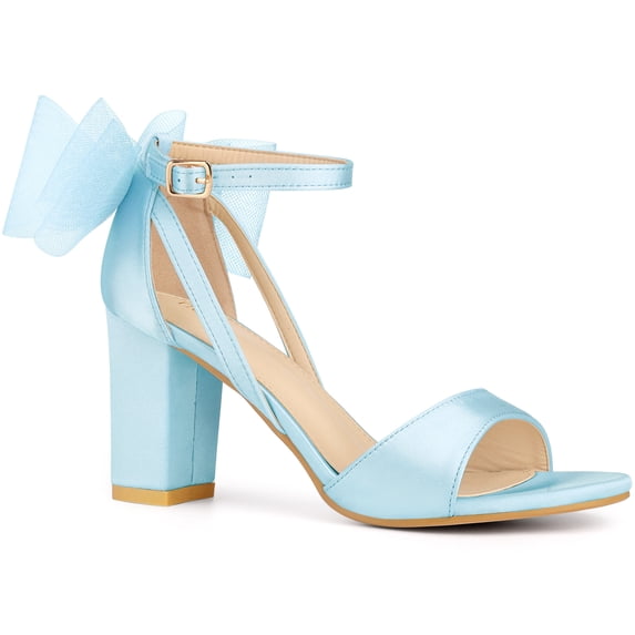 BLISSFUL STEP Women's Mesh Bow Heels Ankle Strap Open Toe Block Heel Sandals Light Blue 9.5