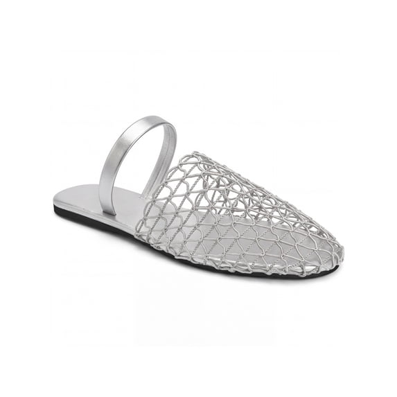 BLISSFUL STEP Women's Mesh Round Toe Slip on Slides Flats Sandals Silver 7.5
