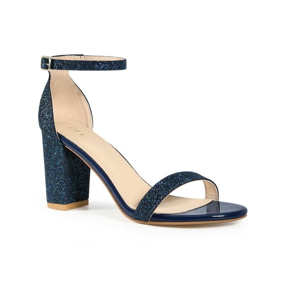 BLISSFUL STEP Women's Shoes Ankle Strap Open Toe Block Heel Glitter Party Sandals Navy Blue 9