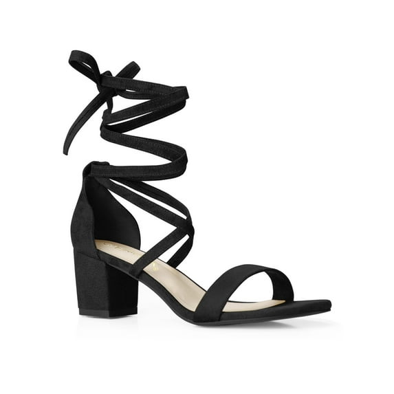 BLISSFUL STEP Women's Open Toe Lace up Sandals Mid Block Heels Sandals Black (Size 5) Black 5