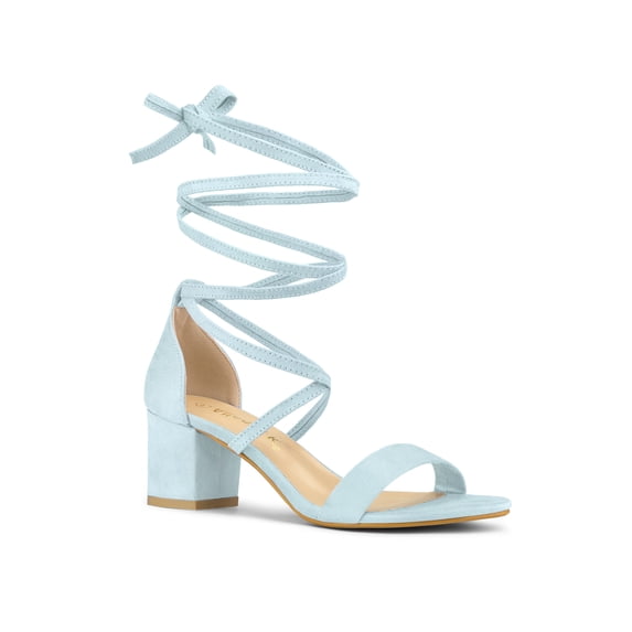 BLISSFUL STEP Women's Open Toe Lace up Sandals Mid Block Heels Sandals Sky Blue 7