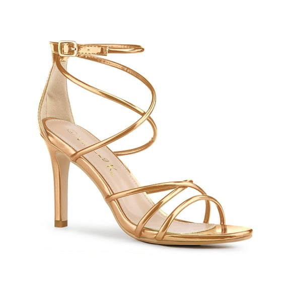 BLISSFUL STEP Women's Open Toe Strappy Straps Prom Stiletto Heels Sandals Champagne Gold 7.5