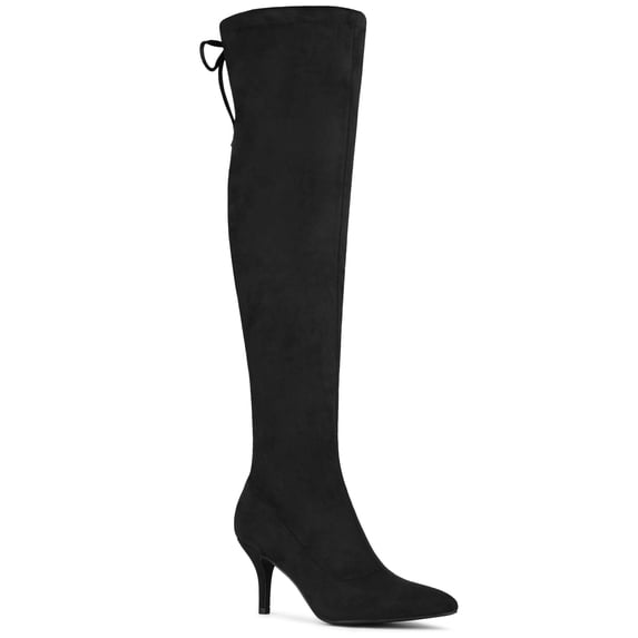 BLISSFUL STEP Women's Over Knee High Boots Stiletto Heels Pointed Toe Faux Suede Boots Black 9