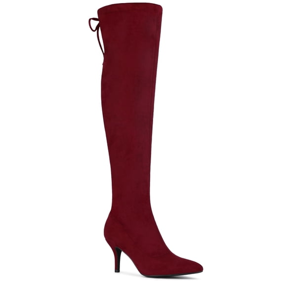 BLISSFUL STEP Women's Over Knee High Boots Stiletto Heels Pointed Toe Faux Suede Boots Burgundy 11