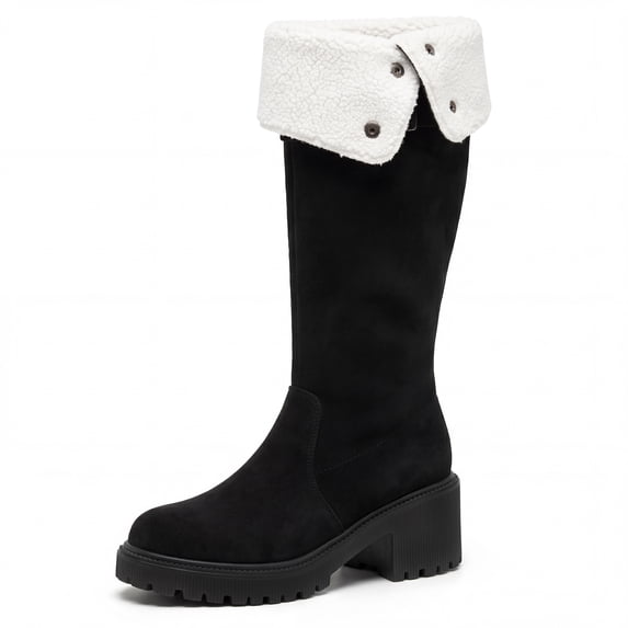 BLISSFUL STEP Women's Over Knee Thick Platform Shoes Side Zipper Winter Thigh High Boots Black-Fleece 7