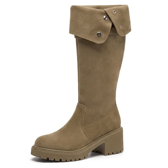 BLISSFUL STEP Women's Over Knee Thick Platform Shoes Side Zipper Winter Thigh High Boots Khaki 5