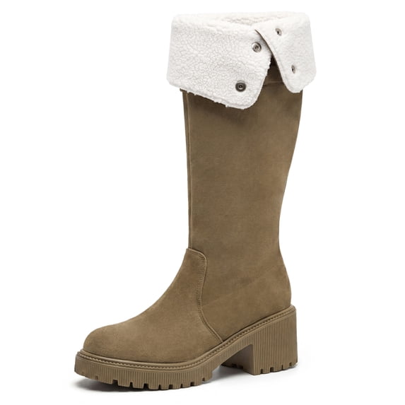 BLISSFUL STEP Women's Over Knee Thick Platform Shoes Side Zipper Winter Thigh High Boots Khaki-Fleece 8